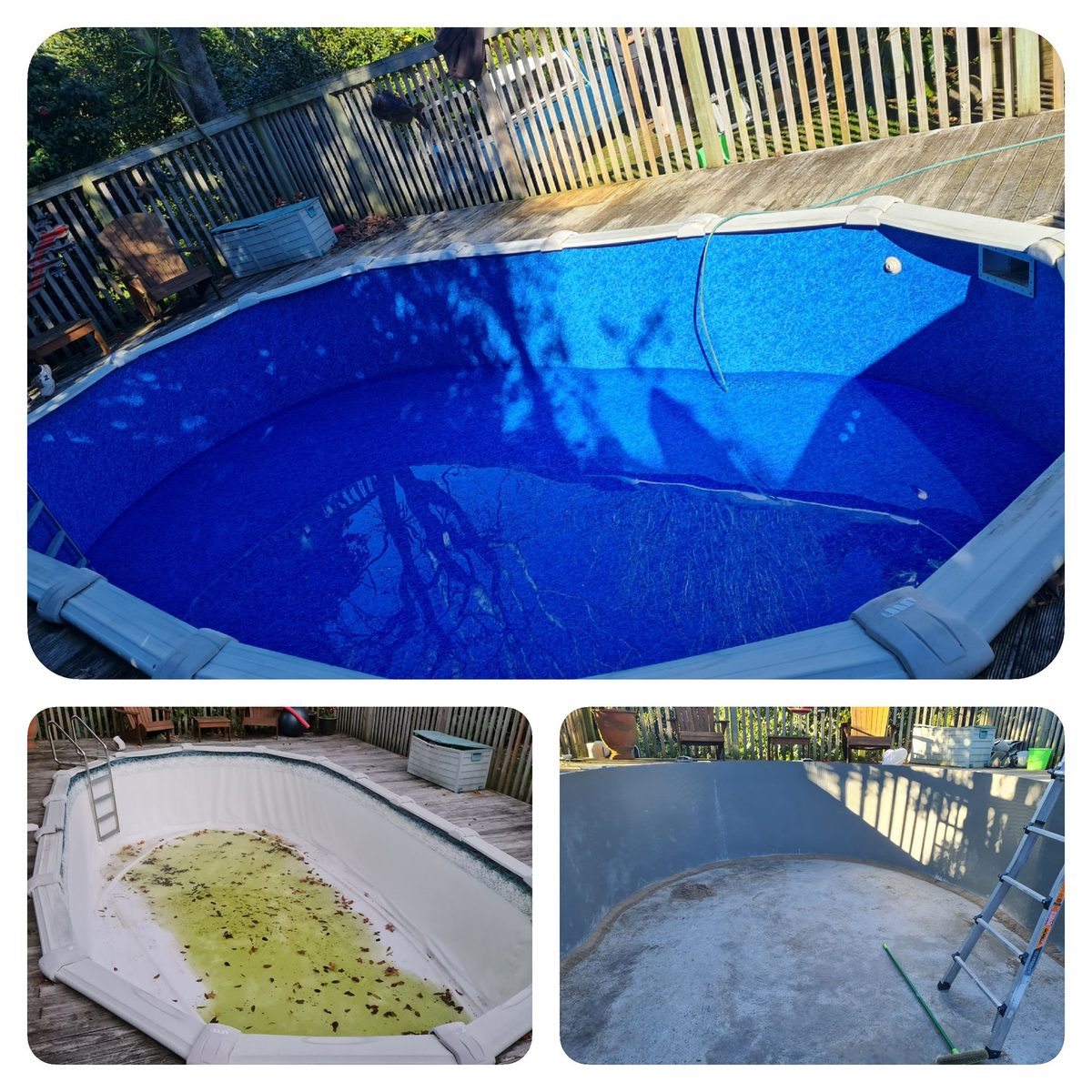 A worn pool before its liner replacement and the same pool afterwards with a new blue liner