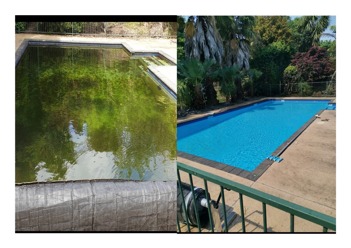 A pool full of green water beside the same pool cleaned to clear blue