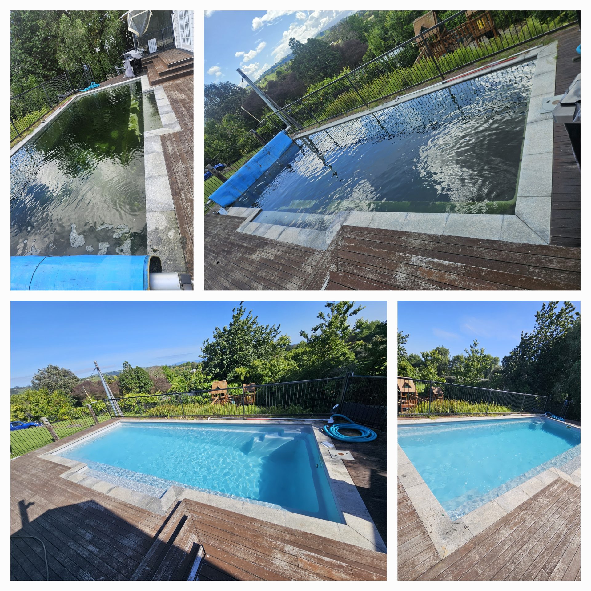 Four photos of a rectangular pool before and after its renovation, from green water to clear blue